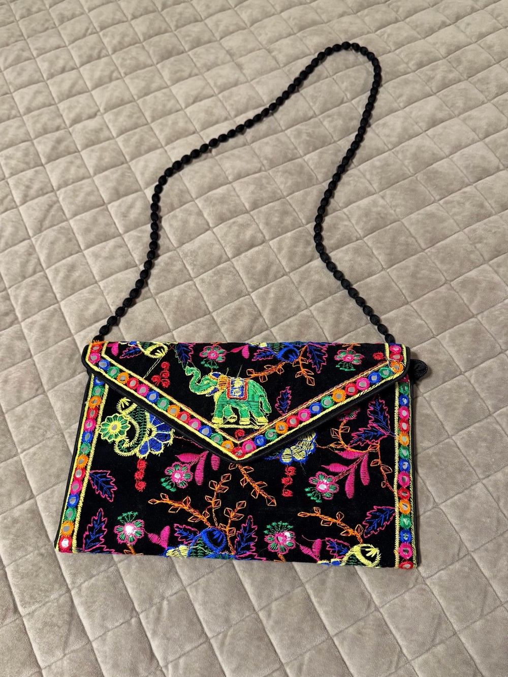 Embroidered Black Floral & Elephant Crossbody Bag